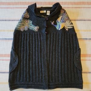 Anthropologie "sleeping on snow" Wool Peacock Poncho Cape Charcoal, SZ S/M